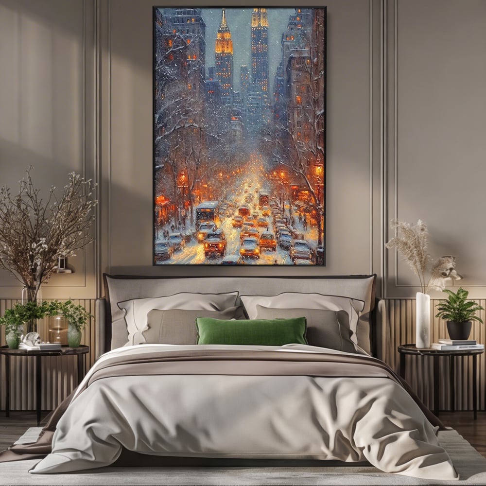 Tablou canvas cu pictura cu bulevard inzapezit si masini, in rama de aluminiu negru, pe perete intr-un dormitor